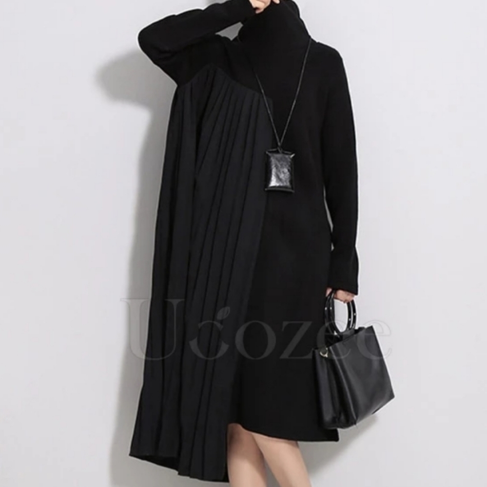 Cropped High Neck Split-joint Knitting Midi Dress